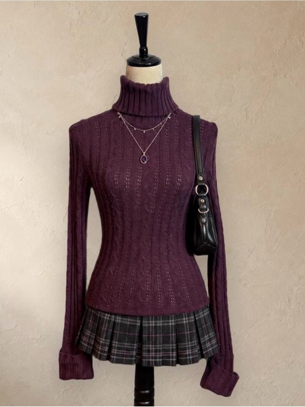 Express Plum Purple Cable Knit Turtleneck Merino Wool Blend Sweater XS